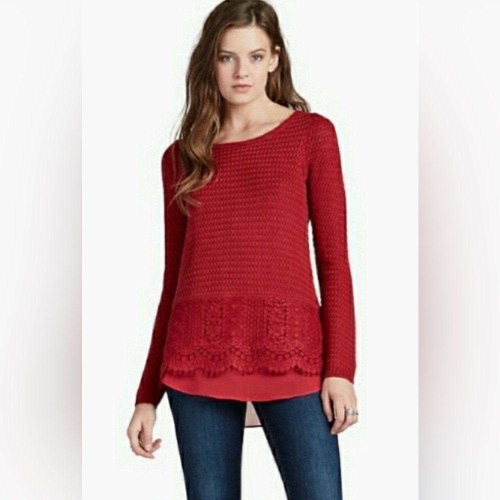 Lucky Brand Red Lace Trim Knit Sweater Small